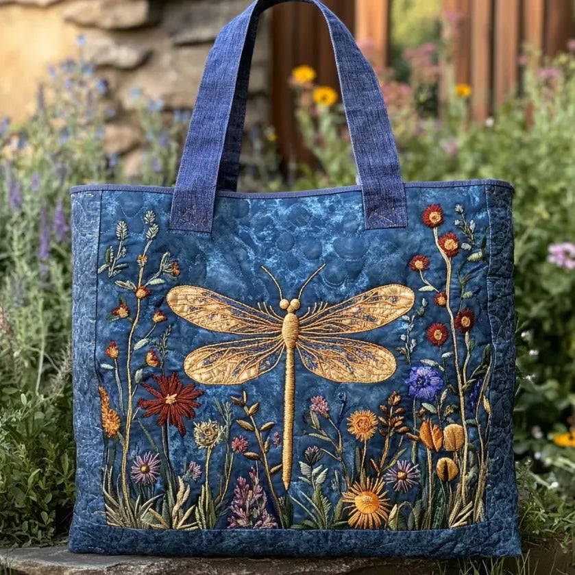 Women's quilted padded shoulder bag with unique dragonfly print design, handcrafted for a stylish everyday look.