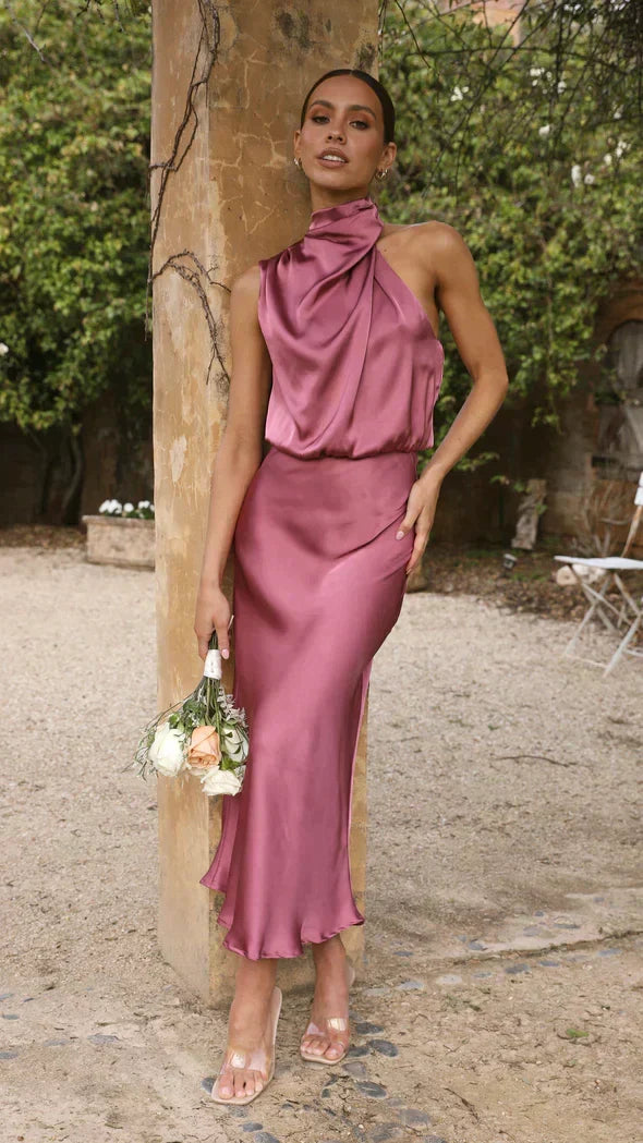Flattering elegant women's midi dress silhouette, ideal for chic occasion wear and versatile styling.