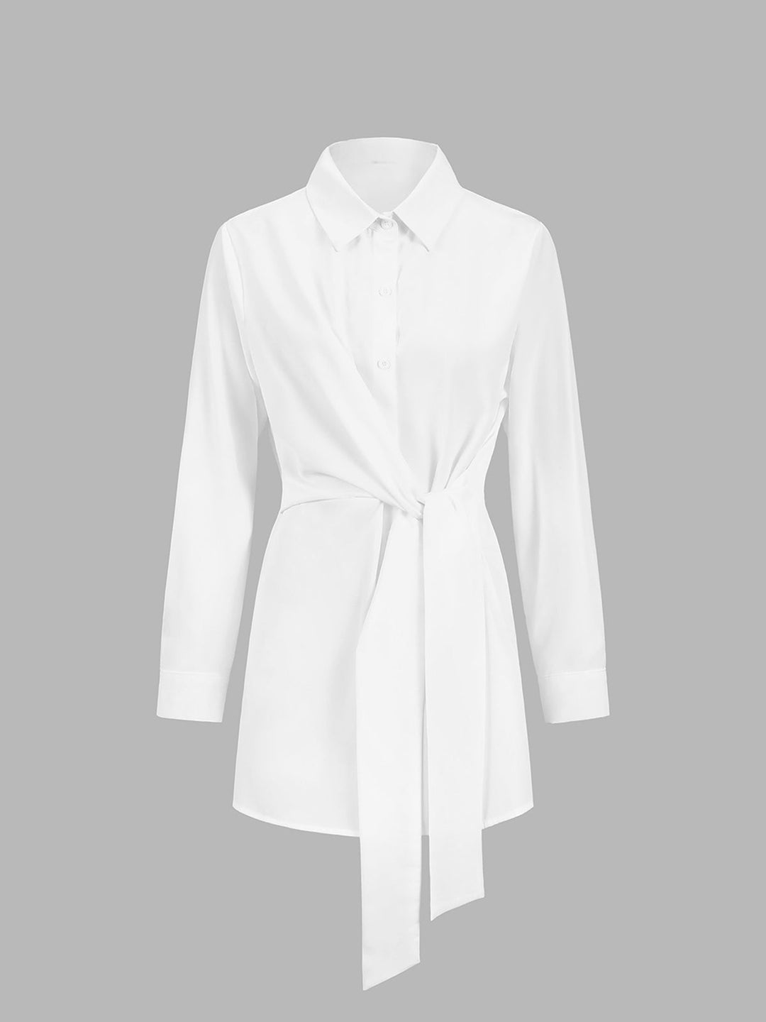 Elegant women's tie-waist long-sleeve shirt. Perfect for workwear or a chic casual look.