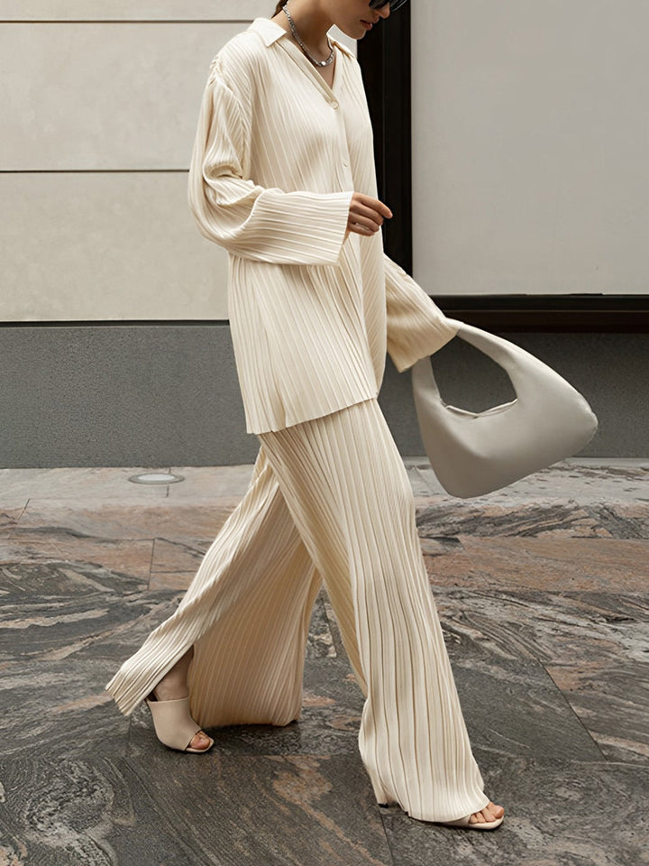 Women's pleated relaxed fit two-piece set, elegant & versatile co-ord for day to night wear.