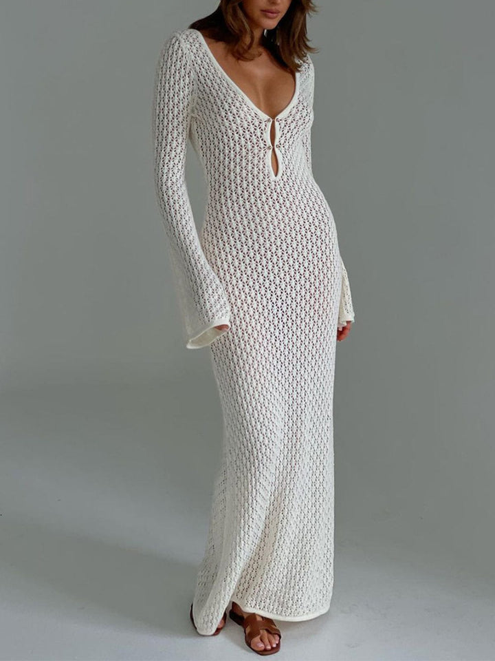 Women's long sleeve button front maxi lounge dress. Elegant and versatile for women's fashion.