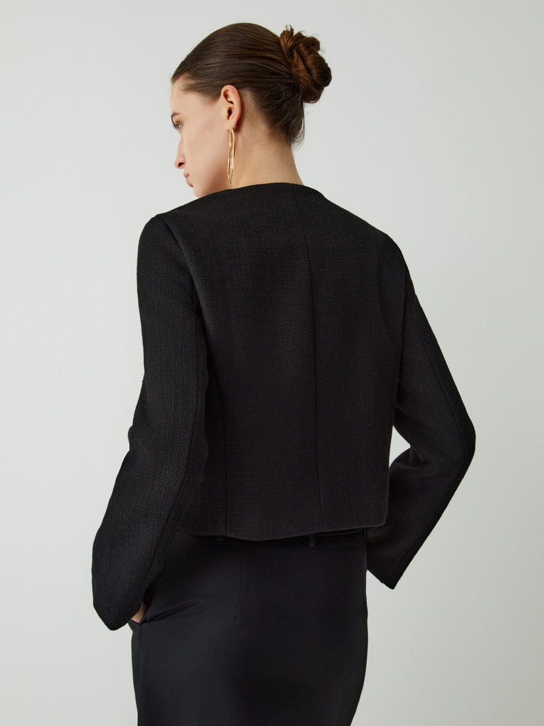 Women's tailored cropped blazer, gold buttons, long sleeve, versatile for smart casual & professional.