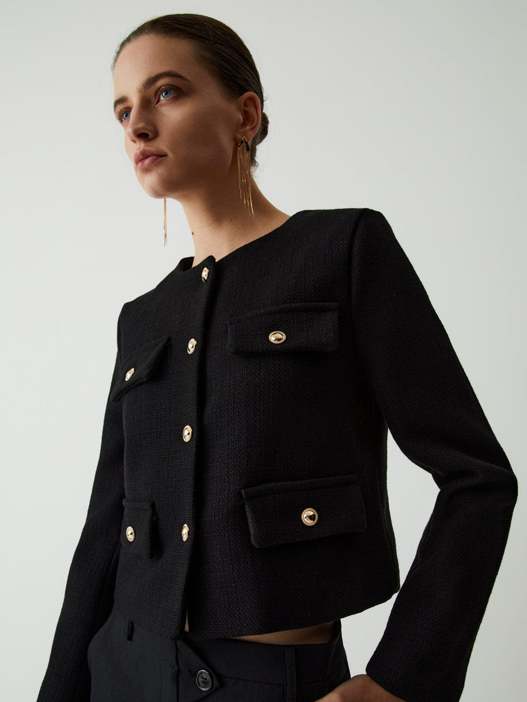 Elegant long sleeve women's cropped jacket, gold buttons, sophisticated style, versatile fashion outerwear.