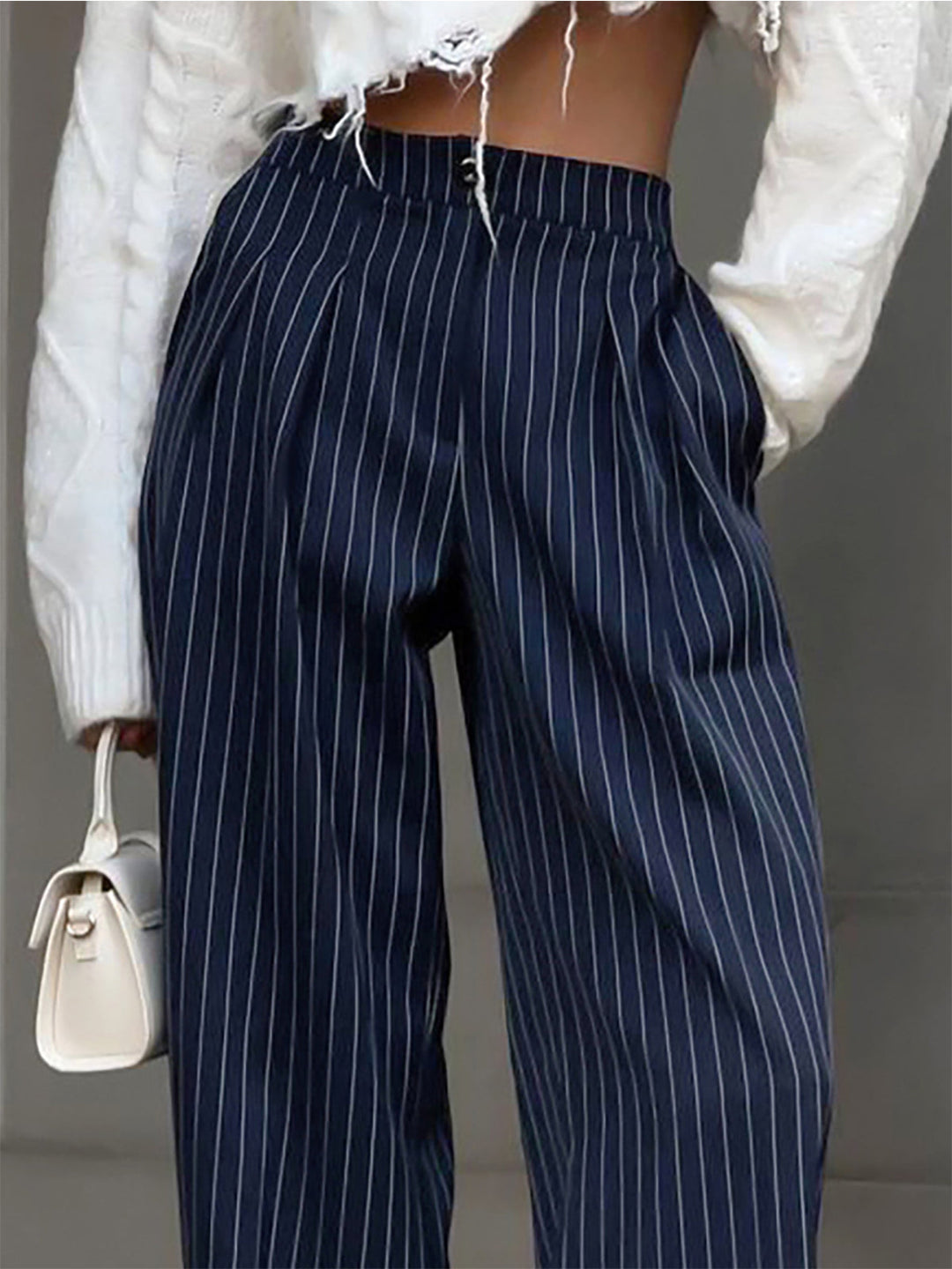 Comfortable high waist wide leg pinstripe pants, tailored for women's elegant office & casual wear.