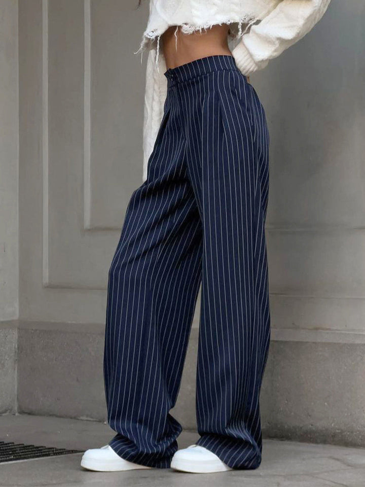 Elegant women's pinstripe wide leg trousers, perfect high waist bottoms for office wear & fashion.