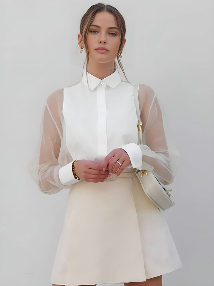 Versatile women's collared blouse with long sheer sleeves & button front, perfect for office or special occasions.