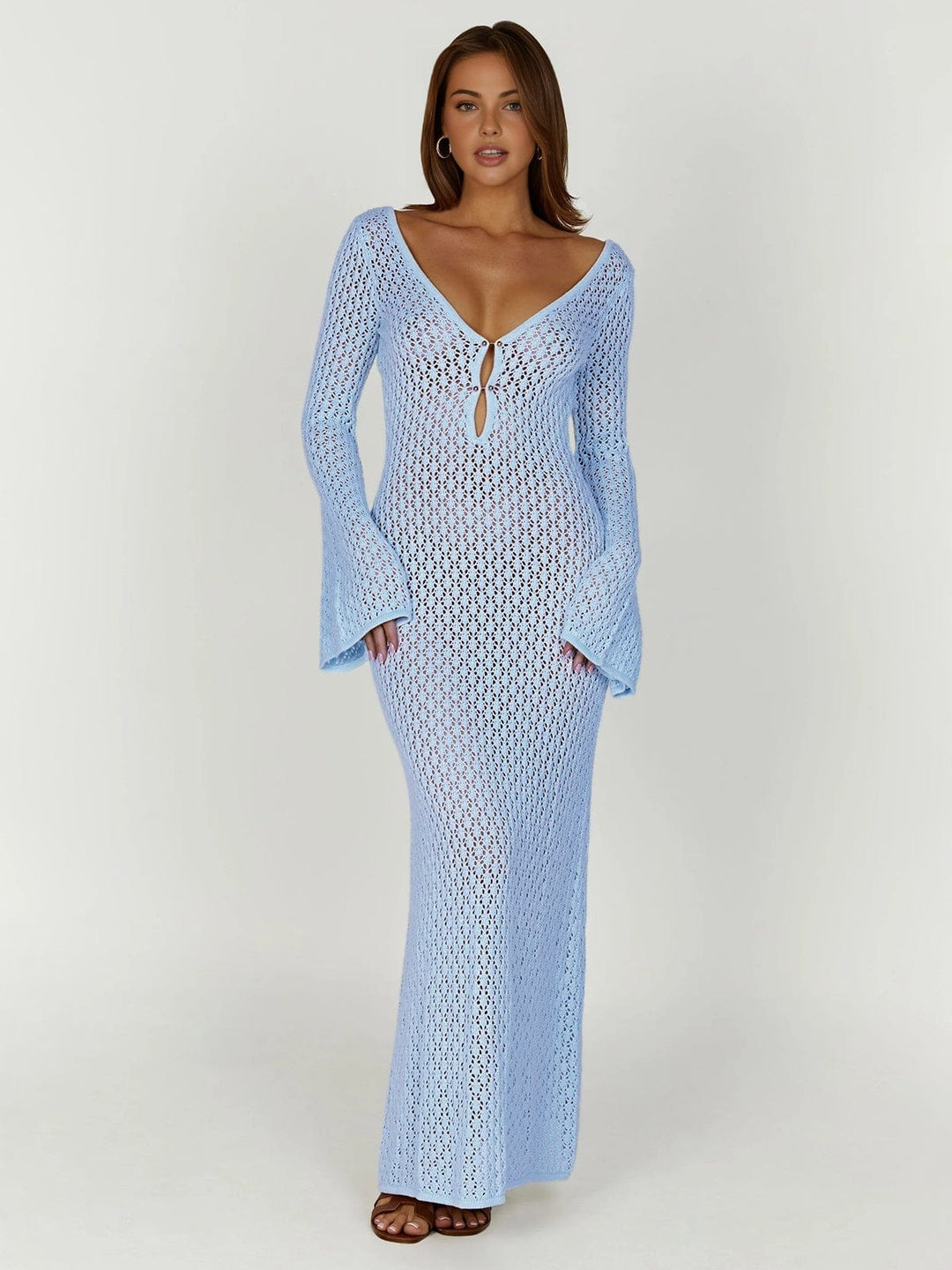 Women's long sleeve button front maxi lounge dress. Elegant & versatile for casual to evening wear.