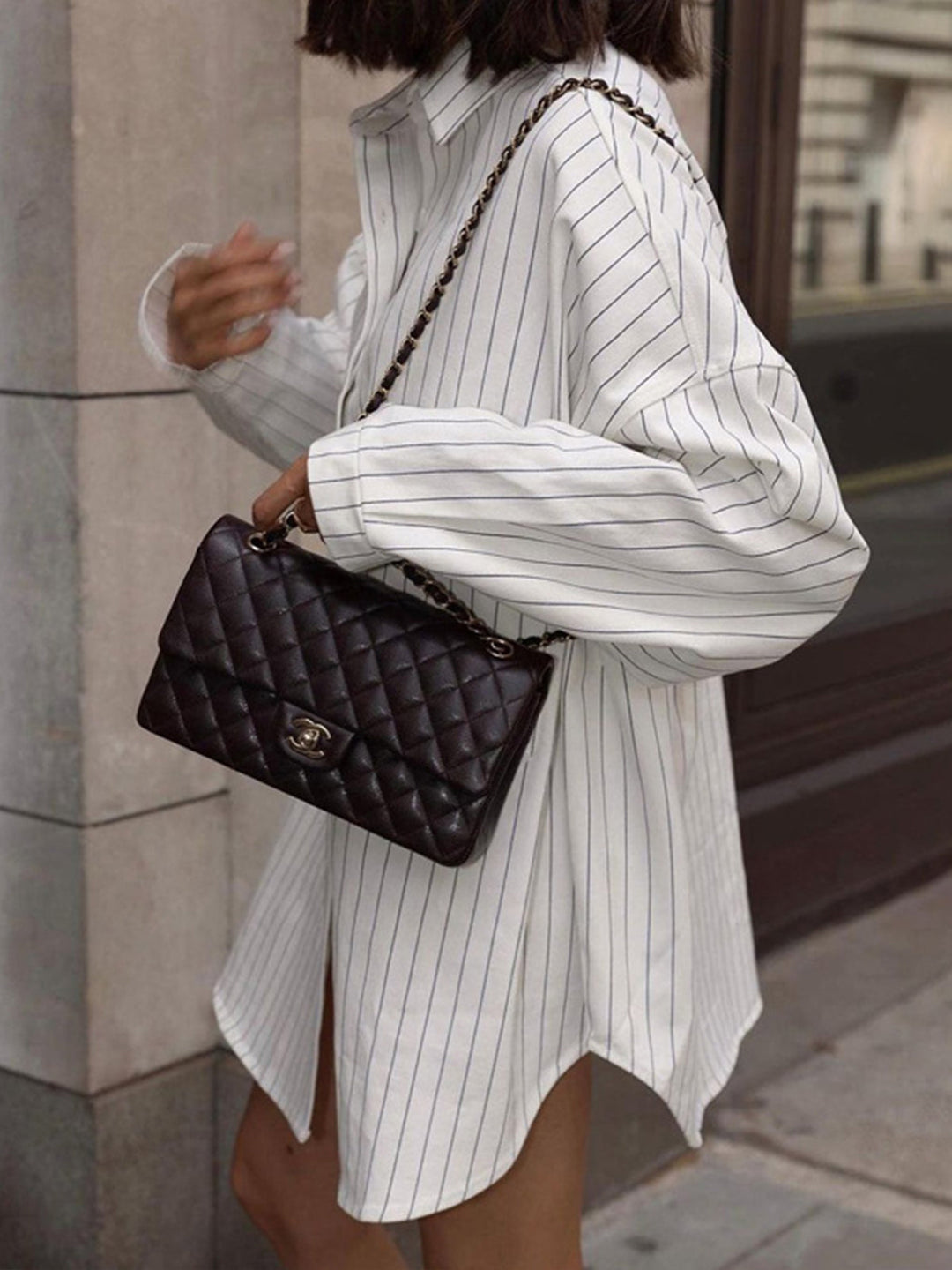Comfortable women's oversized striped shirt dress. Perfect casual long sleeve button-down for versatile everyday fashion.