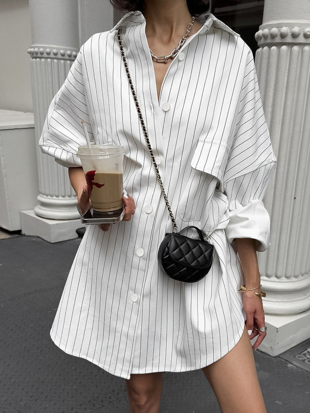 Women's oversized striped shirt dress. Casual, chic, long sleeve, button-down for spring/summer everyday wear.