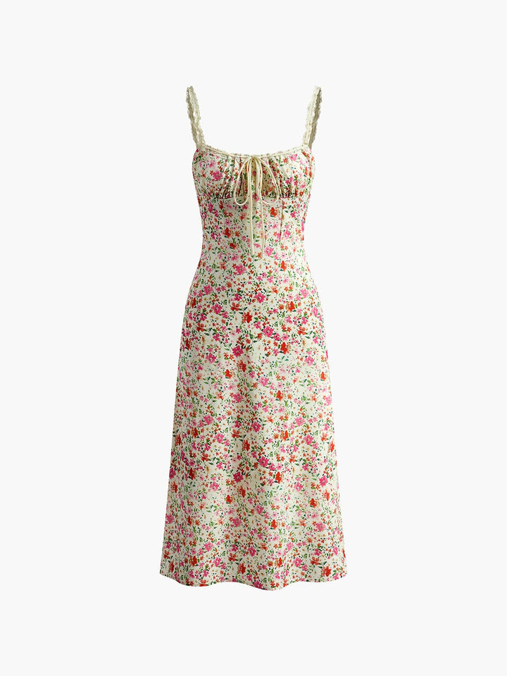Vibrant women's floral midi dress with a romantic, elegant print for summer fashion.