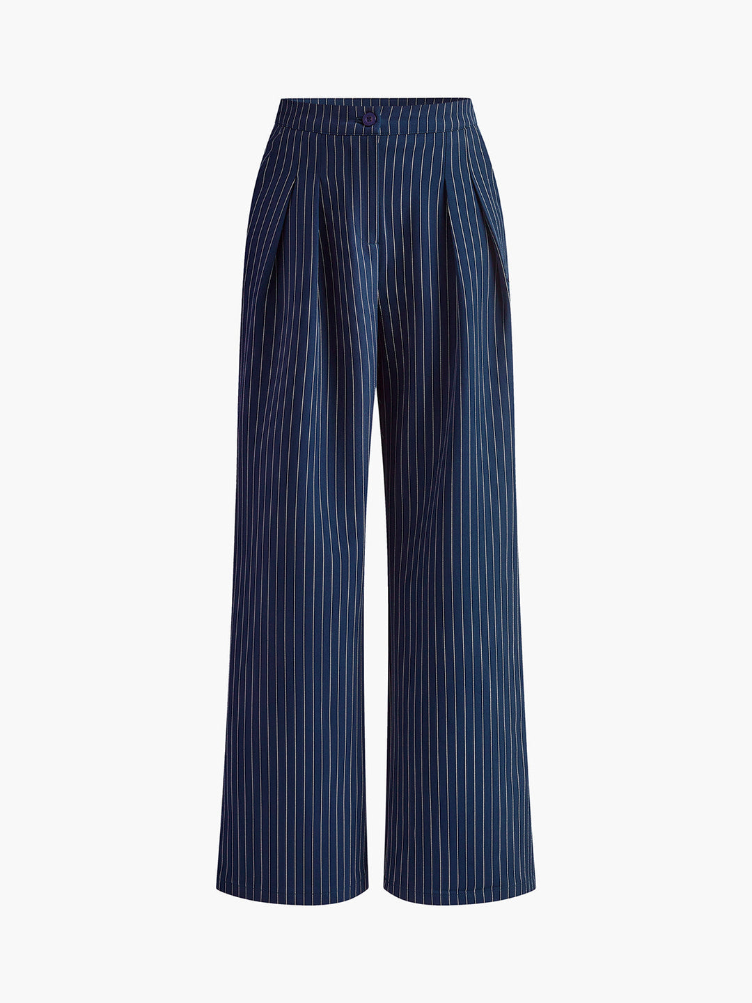 Navy pinstripe high waist wide leg trousers, comfortable and tailored for modern women.