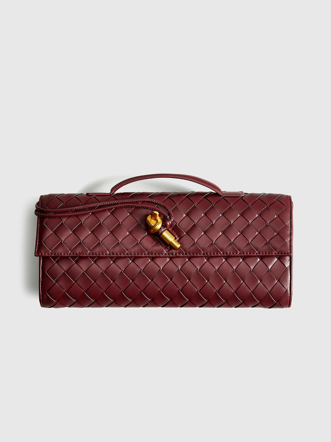 Elegant wine red woven flap clutch & shoulder bag for women. Perfect versatile accessory.