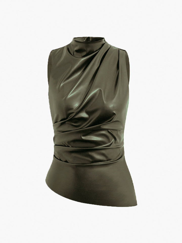 Minimalist women's high neck drape sleeveless top, offering sophisticated style for modern office and evening wear.