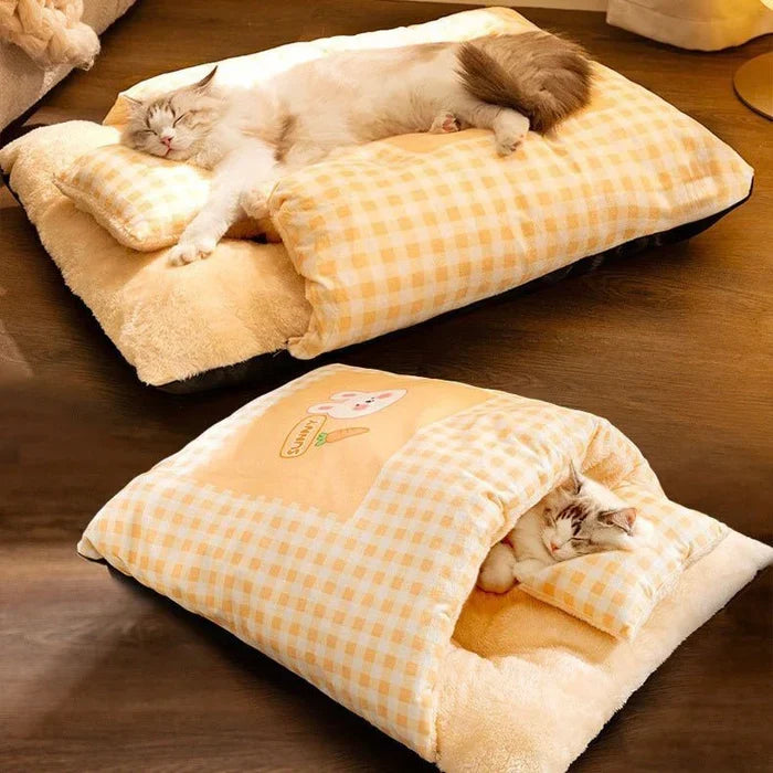 Plush snuggle cat sleeping bag bed for cozy naps. Soft, warm feline comfort.