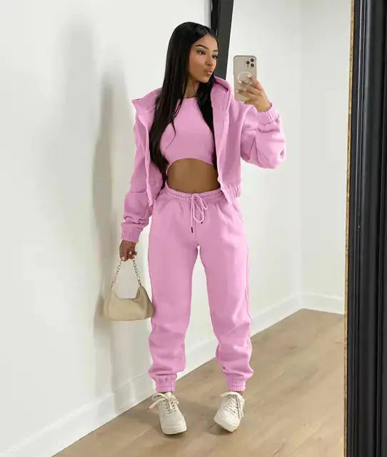 Perfect travel women's 3-piece set: cropped hoodie, joggers, and a soft bralette.