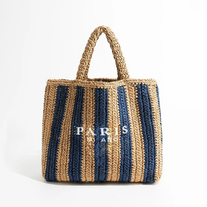 Stylish women's crochet straw tote bag, perfect for summer beaches or everyday fashion. Handwoven boho accessory.