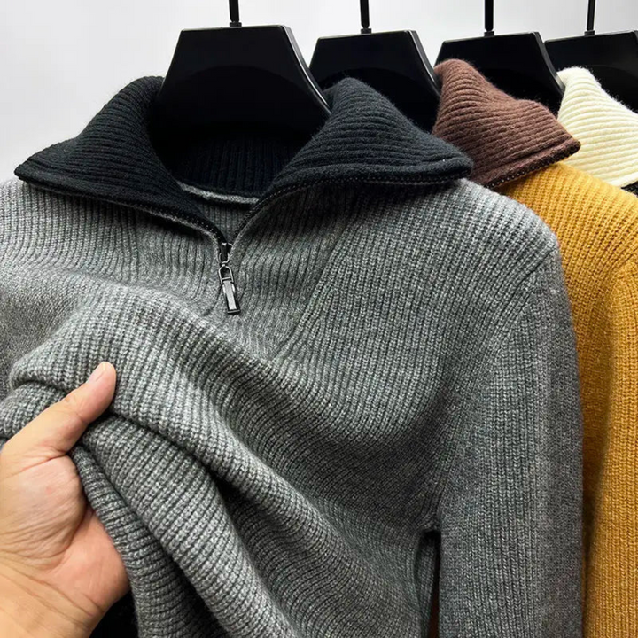 Comfortable men's modern quarter-zip sweater, a versatile long-sleeve pullover for winter & fall style.