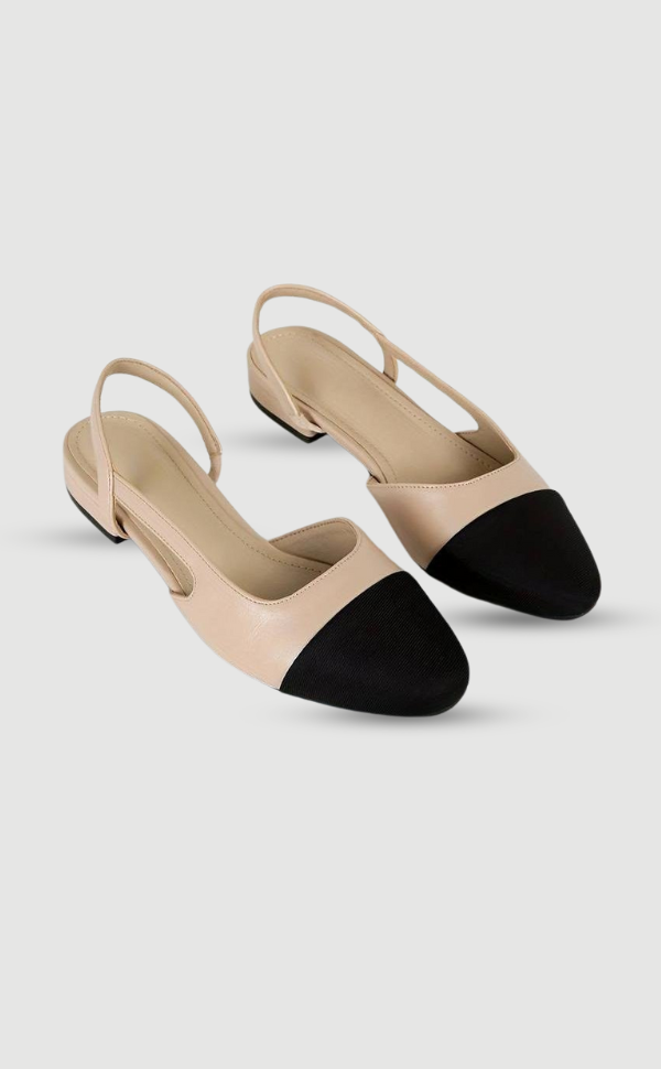 Flat elegant slingback ballerinas for women, classic beige & black style for chic everyday outfits.