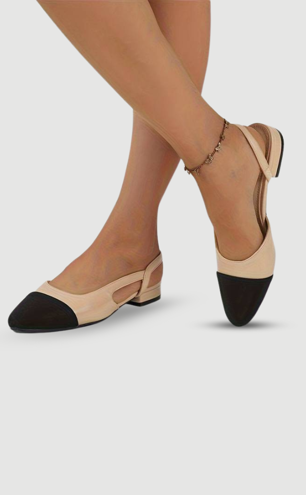 Classic beige & black slingback ballerinas for women, elegant flat shoes for everyday wear.
