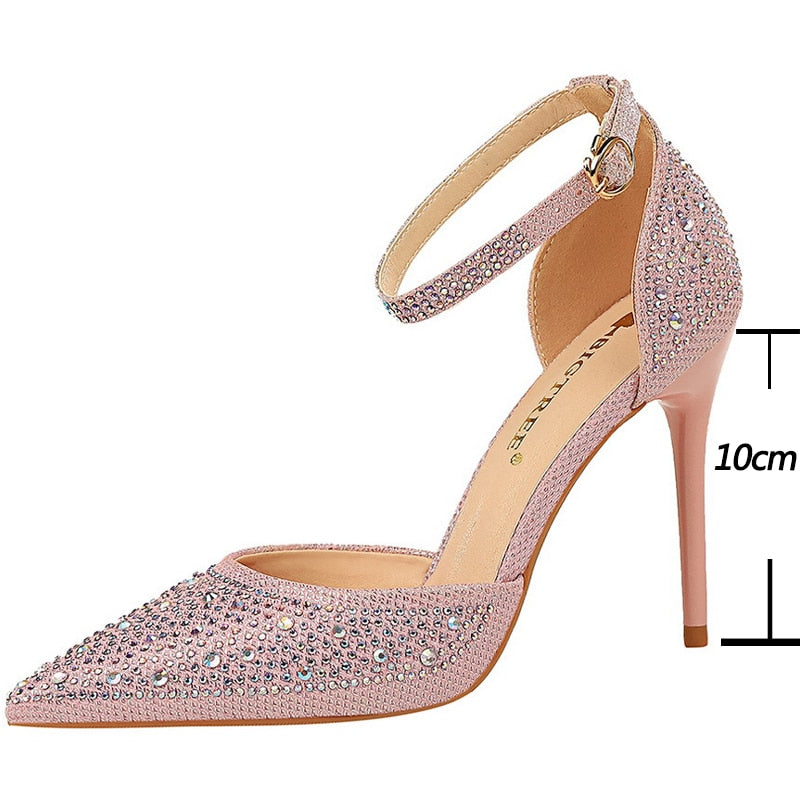 Women's rhinestone stiletto sandals with an elegant ankle strap, perfect for parties & evening wear.