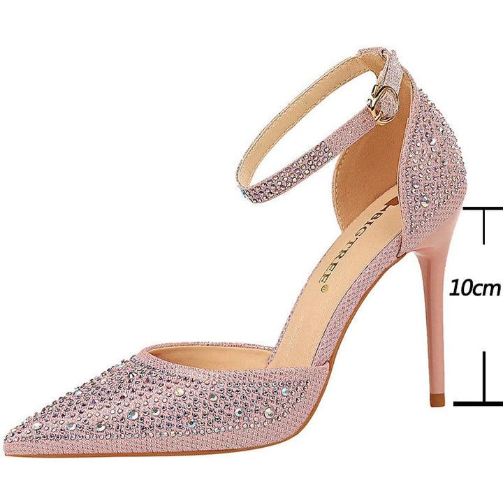 Women's rhinestone stiletto sandals with an elegant ankle strap, perfect for parties & evening wear.