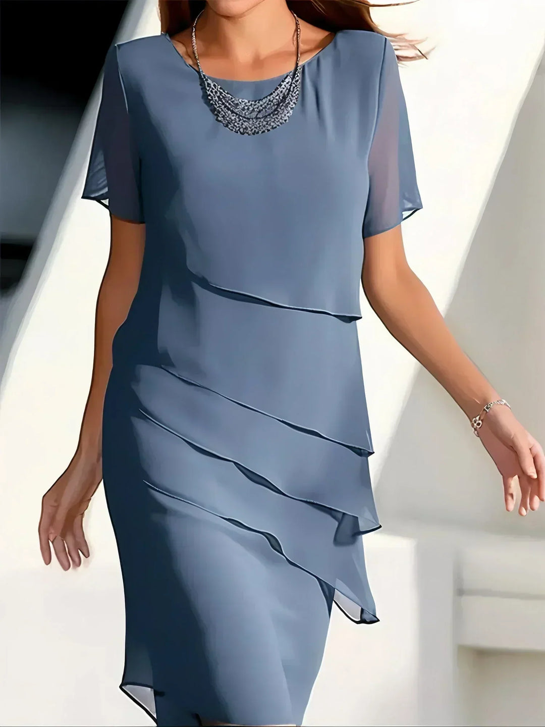 Khaki elegant flowy short sleeve dress for women. Ideal versatile fashion for daytime casual or evening occasions.
