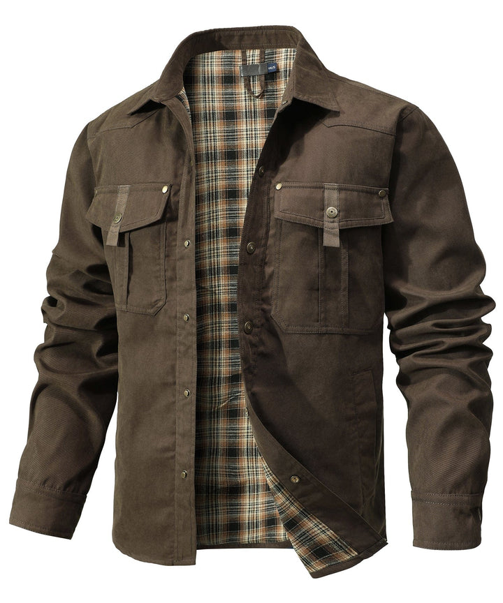 Back view: men's insulated flannel outerwear, comfort in cold weather.