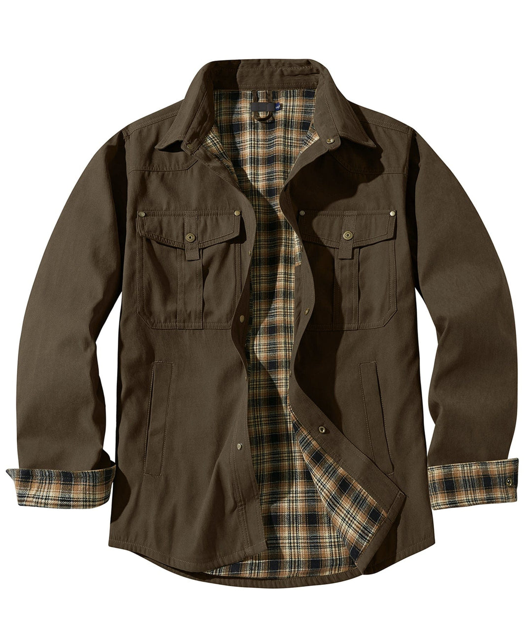 Layered look: men's insulated flannel jacket over a hoodie, durable.