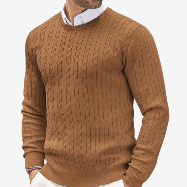Versatile men's classic crew neck cable knit sweater. Essential knitwear for stylish autumn & winter warmth.