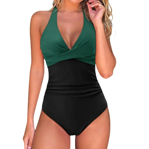 Modern women's corrective swimsuit with tummy control and push-up support, ideal for a stylish pool day.