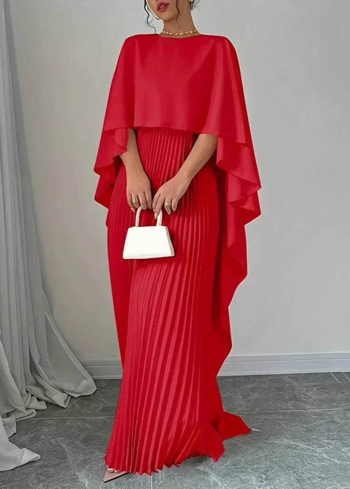 Comfortable women's pleated cape dress, an elegant maxi gown suitable for weddings & formal events.