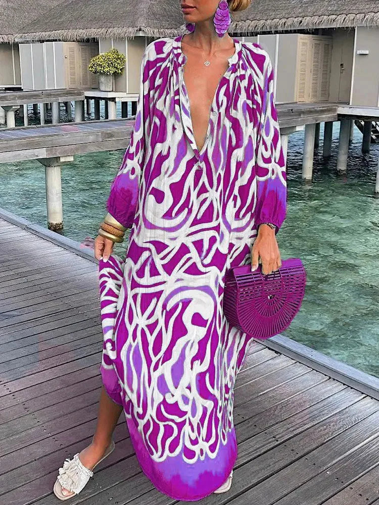 Elegant women's summer boho print maxi dress, deep V-neck design, ideal for special occasions or beachwear.