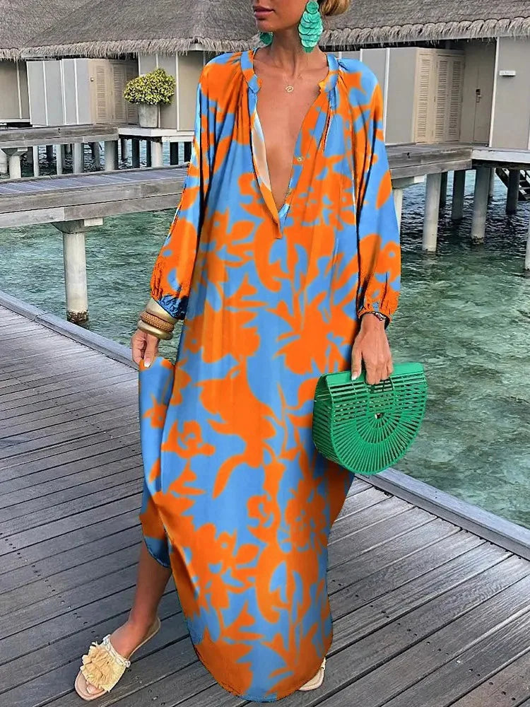 Stylish women's boho printed maxi dress, featuring a V-neck for chic summer fashion & party wear.