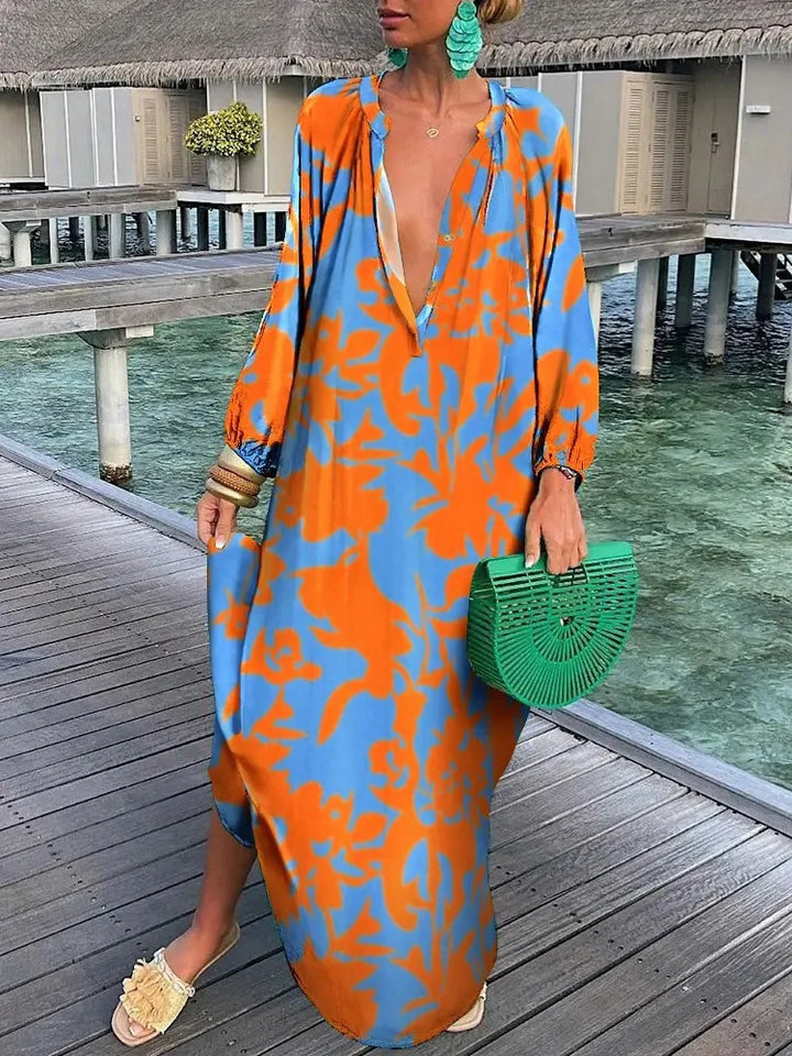 Stylish women's boho printed maxi dress, featuring a V-neck for chic summer fashion & party wear.