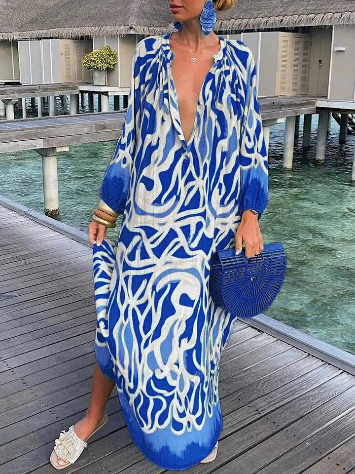 Boho print V-neck maxi dress for women, a vintage-inspired summer style, perfect for casual or party wear.