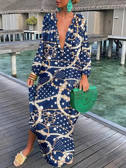 Versatile women's boho maxi dress with a beautiful print & V-neck, suitable for summer casual, beach, or party.