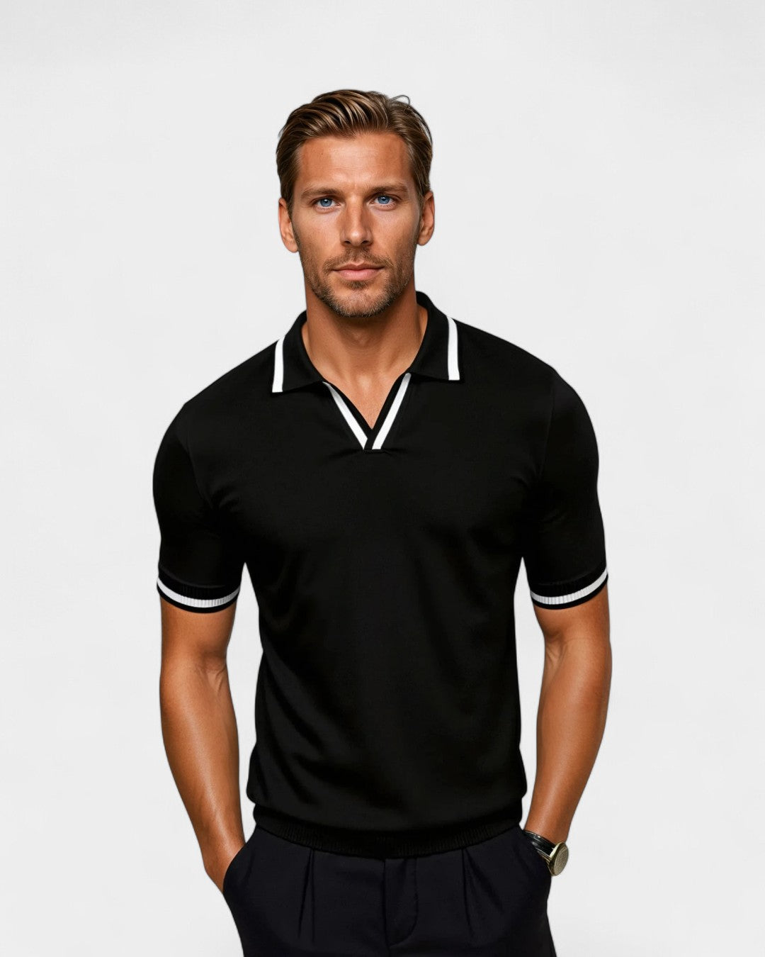 Men's black contrast collar polo shirt. Stylish, breathable, modern fit short sleeve for smart casual wear.