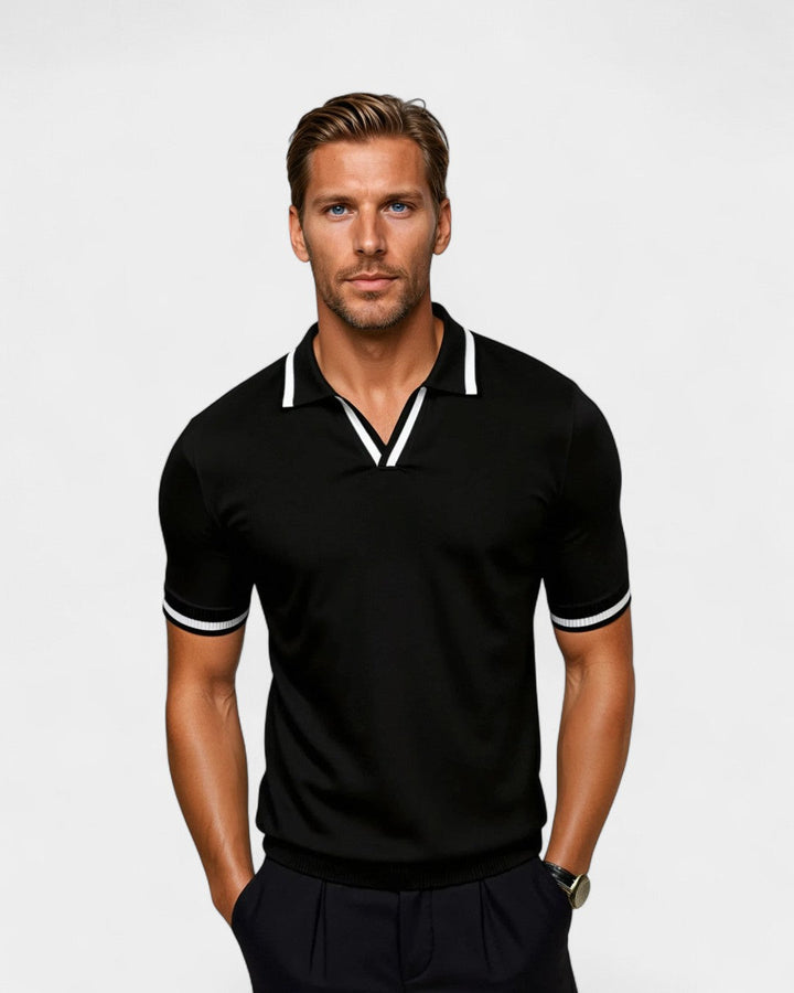 Men's black contrast collar polo shirt. Stylish, breathable, modern fit short sleeve for smart casual wear.