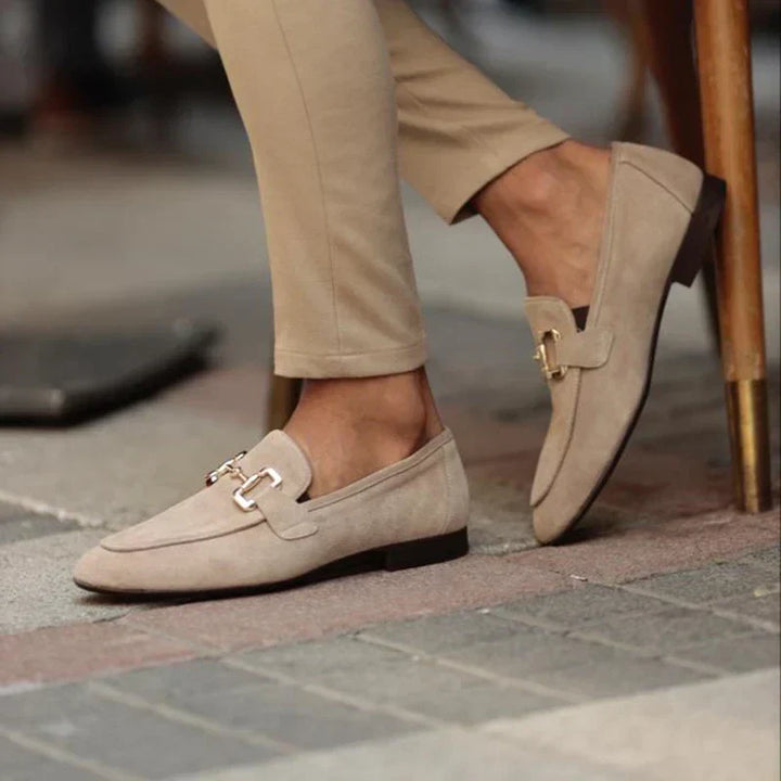 Comfortable men's slip-on dress loafers. Stylish formal work shoes featuring an elegant metal buckle.