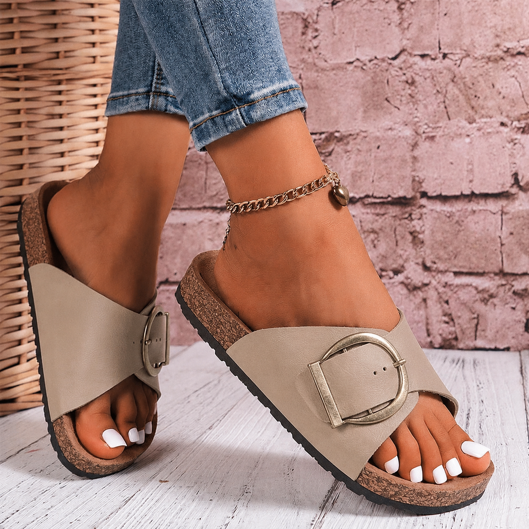 Women's oversized buckle comfort slide sandals, perfect for casual summer everyday wear.