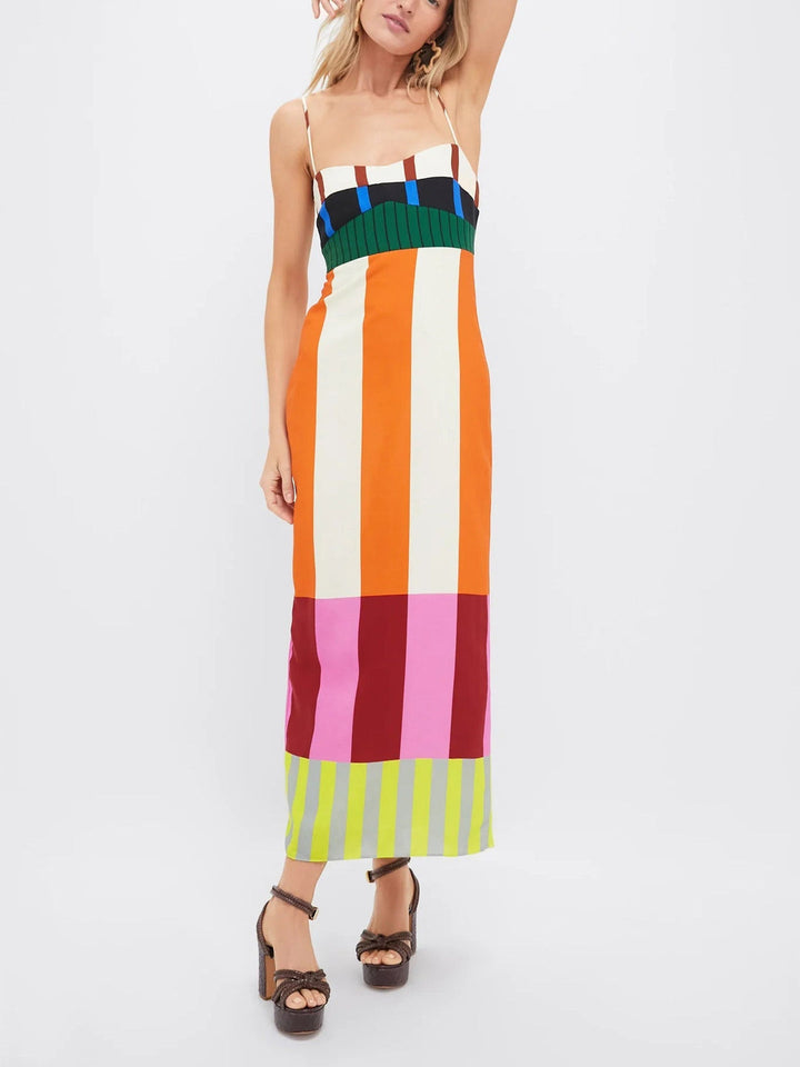 Long women's vibrant multicolor maxi dress, ideal summer fashion for a chic and versatile look.