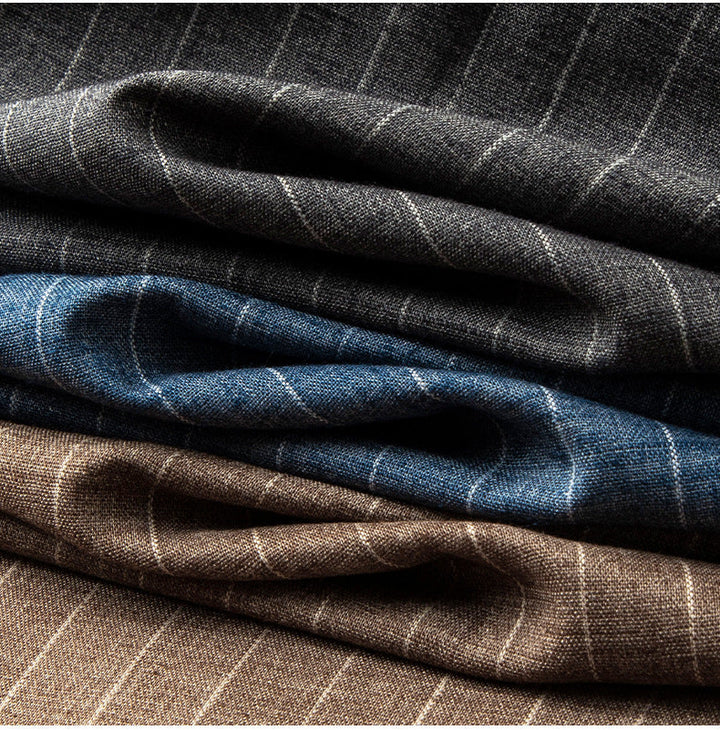 Brown men's pinstripe tapered smart casual trousers, comfortable elastic waist, ideal workwear & everyday pants.