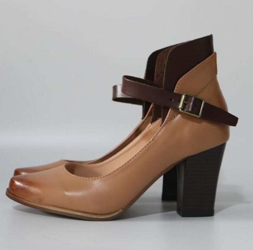 Stylish closed toe block heels for women, featuring a chic ankle strap, ideal for dressy or professional outfits.