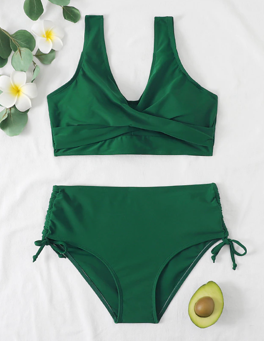 Women's stylish two-piece bikini for summer resort wear, ideal beach vacation swimwear. Fashionable design.