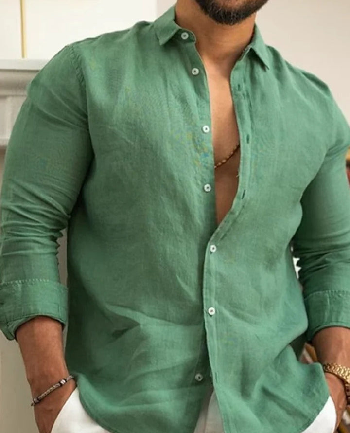 Comfortable men's classic button-down shirt. Ideal long-sleeve summer wear for smart casual everyday style.