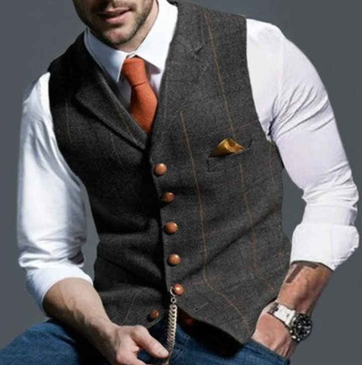 Modern men's slim fit dress vest, offering a sleek, sharp look for formalwear, business, or fashion events.