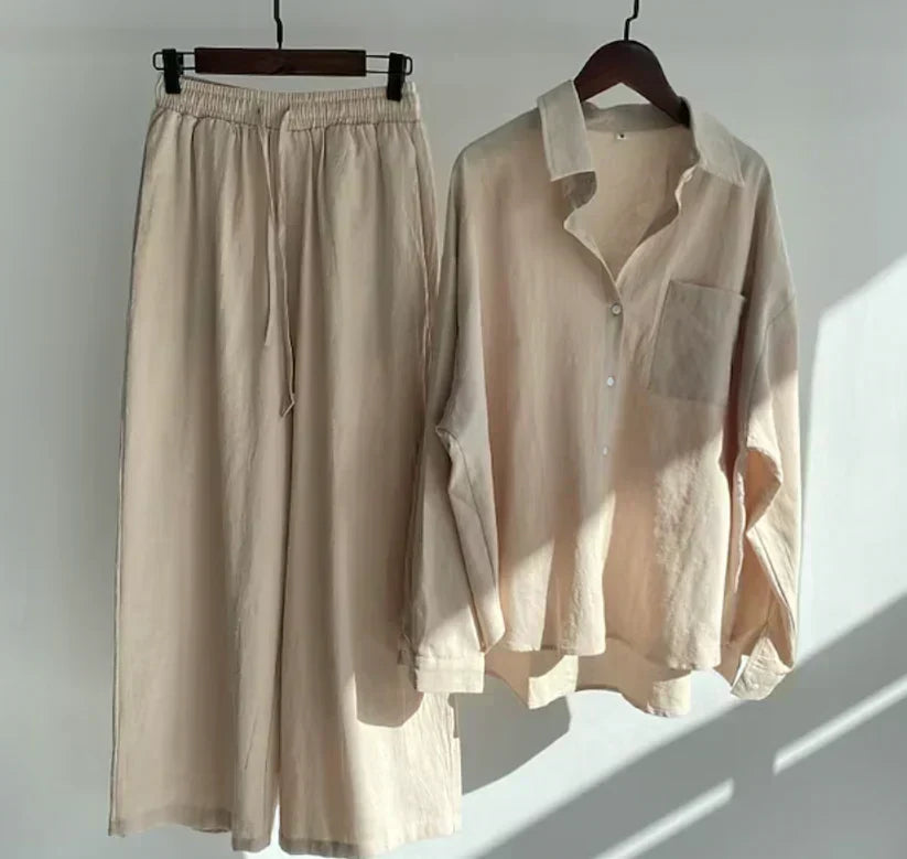 Comfortable women's summer two-piece outfit, an elegant casual set for warm weather and travel.