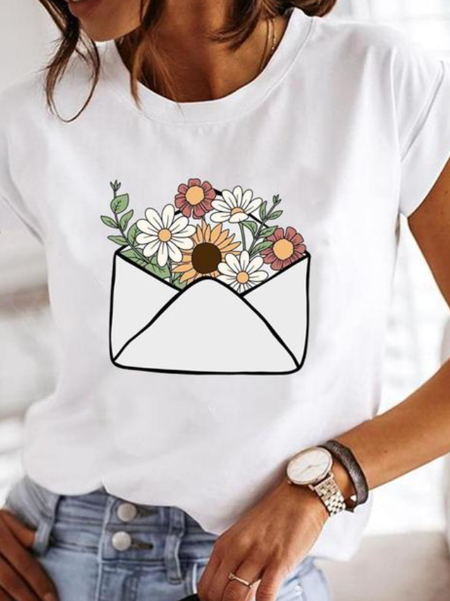 Women's stylish printed tee, a comfortable short sleeve summer top for casual everyday fashion.