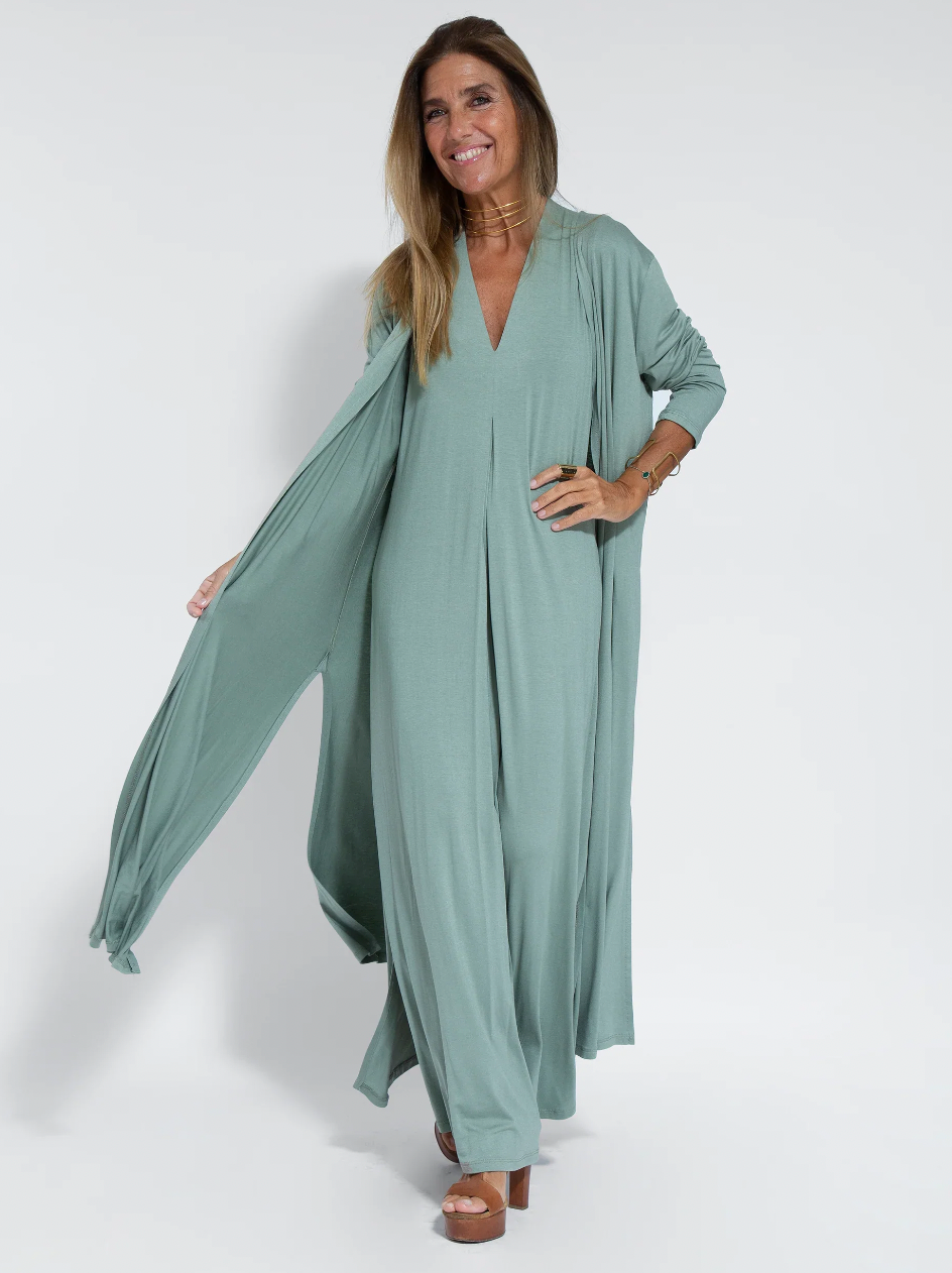 Full length: women's elegant two-piece long slimming dress and vest set, a complete stylish outfit.