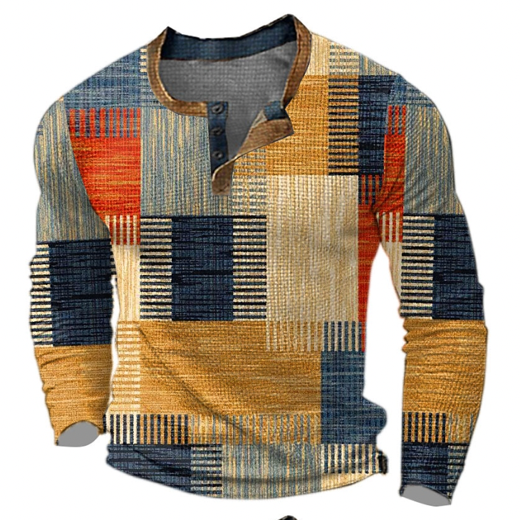 Men's long sleeve Henley neck sweater with a unique patchwork design, perfect for casual fall & winter fashion.